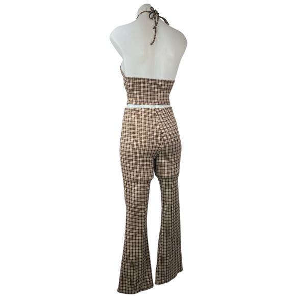 Princess Polly Brown Plaid Checkered Halter Crop Top & Bell Bottom Pants Set 0 - Picture 2 of 6